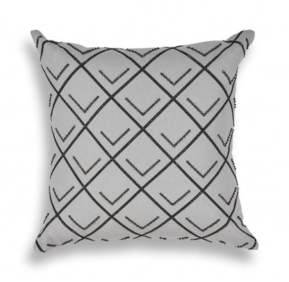 Elegant Square Gray and Black Beaded Accent Pillow