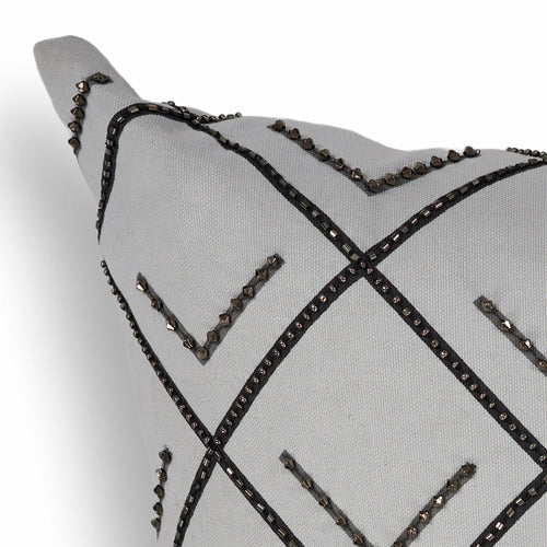 Elegant Square Gray and Black Beaded Accent Pillow